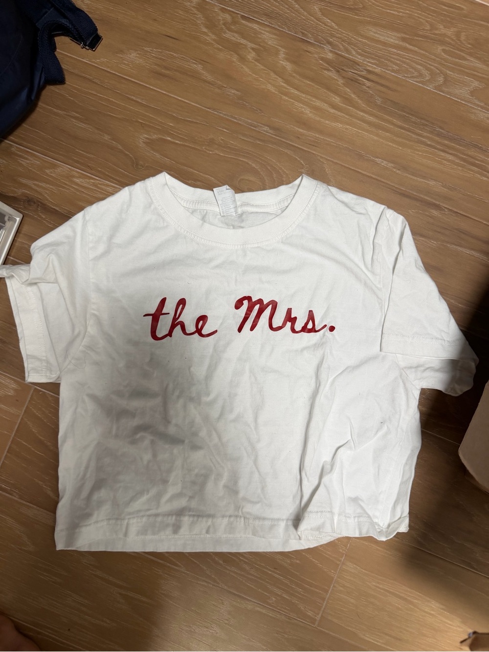 White Crop Tee with Red "the Mrs." Script